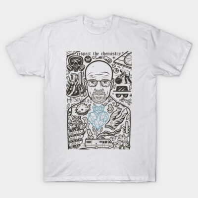 White graphic t-shirt featuring chemistry-themed design, perfect for casual wear. Made from 100% cotton.