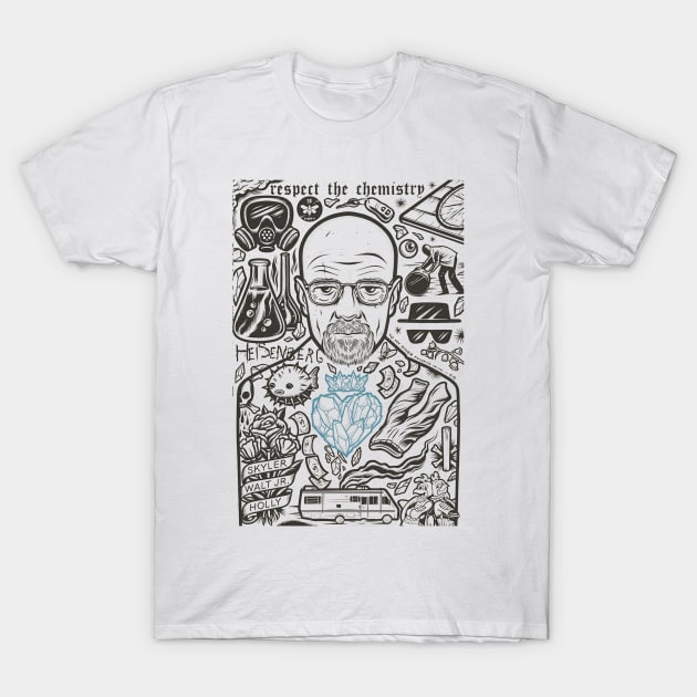 White graphic t-shirt featuring chemistry-themed design, perfect for casual wear. Made from 100% cotton.