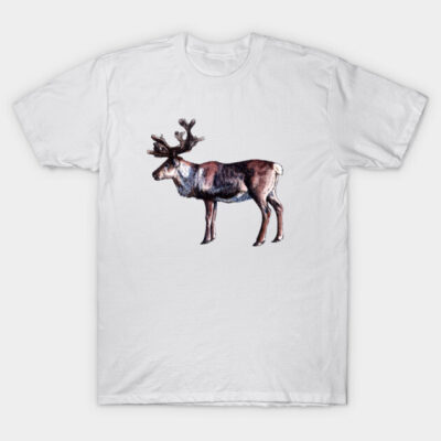 White T-shirt with a brown reindeer print, casual style, cotton material, suitable for everyday wear.