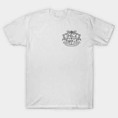White cotton t-shirt with black crest design on front, casual unisex style, ideal for everyday wear.