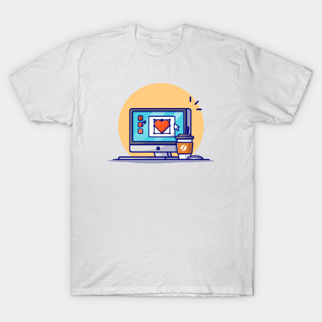 White graphic t-shirt featuring computer and coffee cup design, ideal for casual wear, 100% cotton.