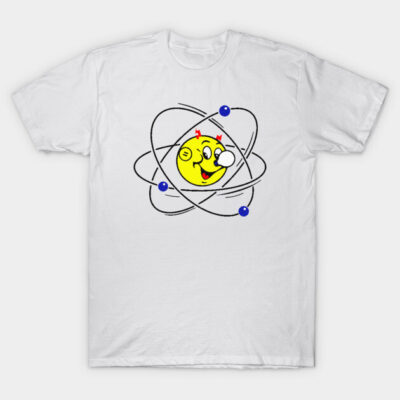 White cotton T-shirt with cartoon atom design, featuring a smiling yellow nucleus and blue orbiting electrons.