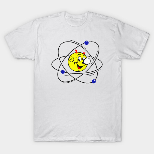 White cotton T-shirt with cartoon atom design, featuring a smiling yellow nucleus and blue orbiting electrons.
