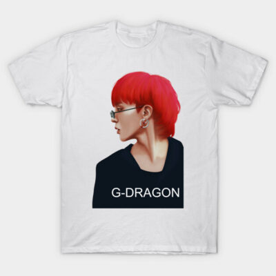 White graphic t-shirt with red-haired portrait and bold "G-DRAGON" text, casual wear, cotton material.
