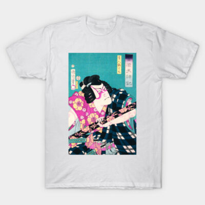 White t-shirt featuring vibrant traditional Japanese art print, perfect for casual wear or cultural events. Cotton fabric.