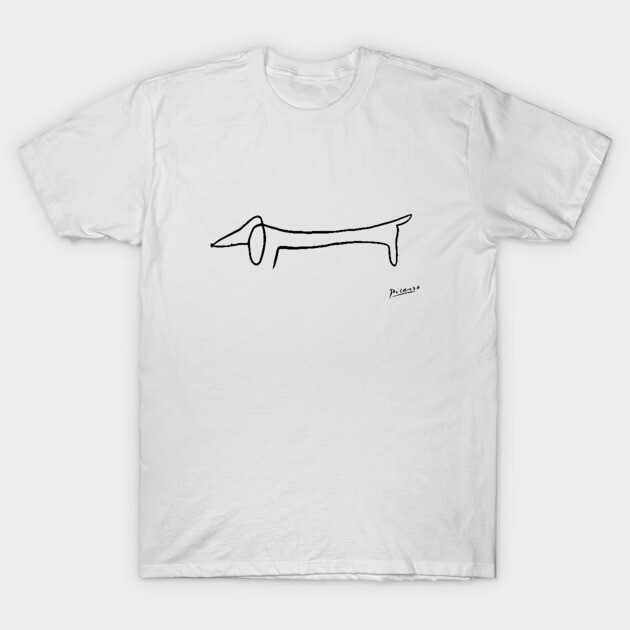 White t-shirt with minimalist black dog line art, casual style, cotton material, perfect for everyday wear.