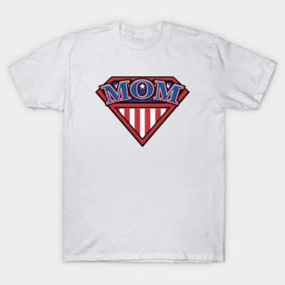 White cotton t-shirt with "MOM" superhero logo design in red, blue, and white. Ideal for casual wear or gifts.