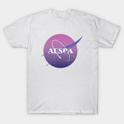 White t-shirt with purple and pink space-themed graphic, casual wear, cotton material, ideal for everyday style.