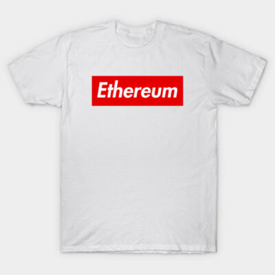 White cotton t-shirt with red "Ethereum" text, casual style, ideal for everyday wear, unisex design.