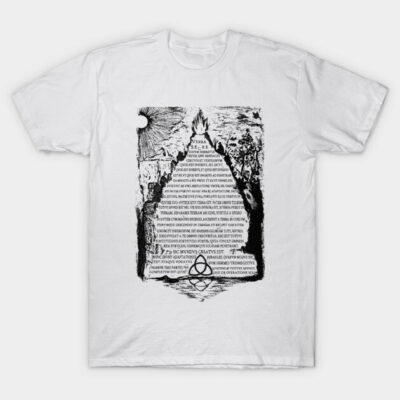 White graphic t-shirt with black geometric design and text, 100% cotton, casual unisex style, ideal for everyday wear.
