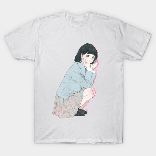 White graphic T-shirt with anime-style illustration, featuring a character in a blue jacket and plaid skirt. Casual fashion.