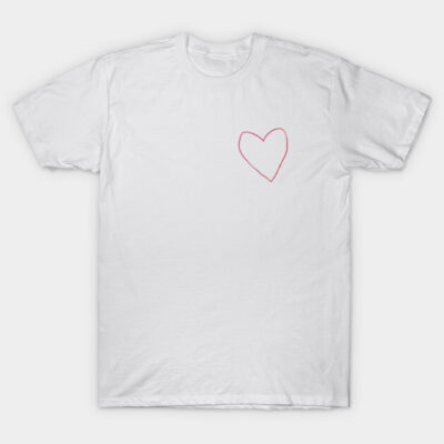 White cotton t-shirt with pink heart outline, casual style, perfect for everyday wear and comfort.