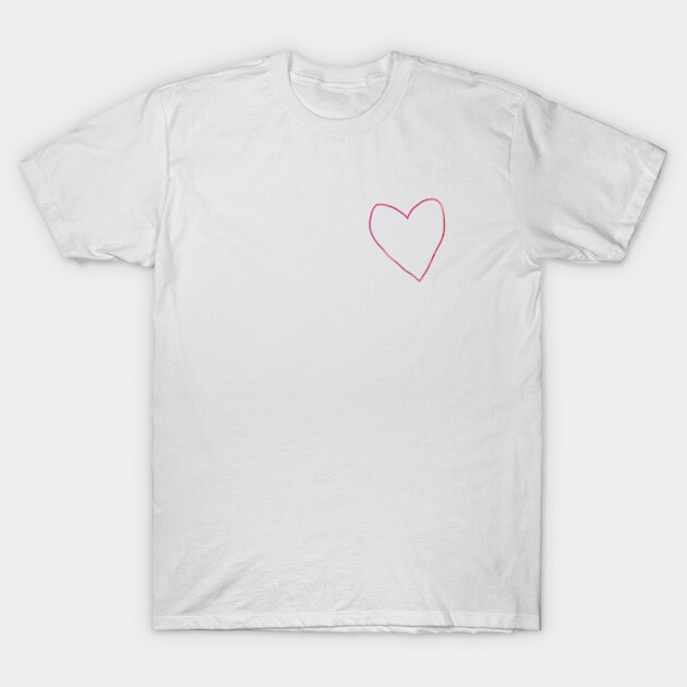 White cotton t-shirt with pink heart outline, casual style, perfect for everyday wear and comfort.