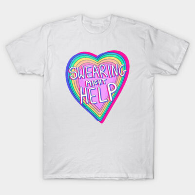 White t-shirt with colorful heart design and playful text, casual wear, cotton fabric, bold statement tee.