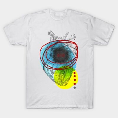 White cotton T-shirt with abstract heart design featuring colorful circles, ideal for casual wear and artistic style.