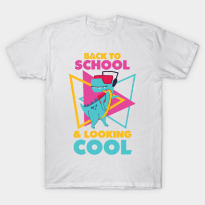 White T-shirt with colorful "Back to School & Looking Cool" dinosaur graphic, perfect for casual wear.