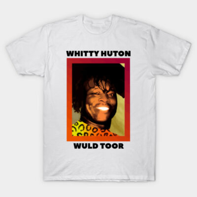 White cotton t-shirt with colorful graphic design and text "Whitty Huton Wuld Toor," casual wear.