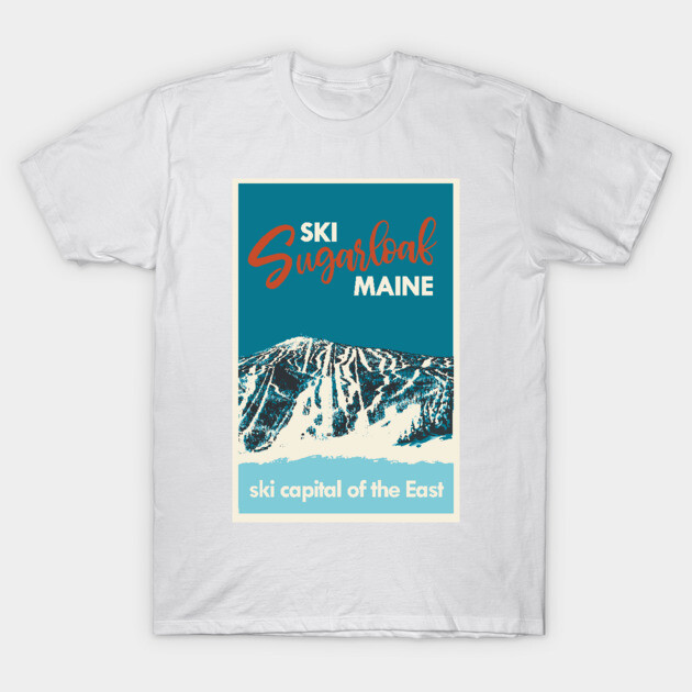 White t-shirt with "Ski Sugarloaf Maine" graphic, featuring mountain illustration. Casual wear, cotton fabric.