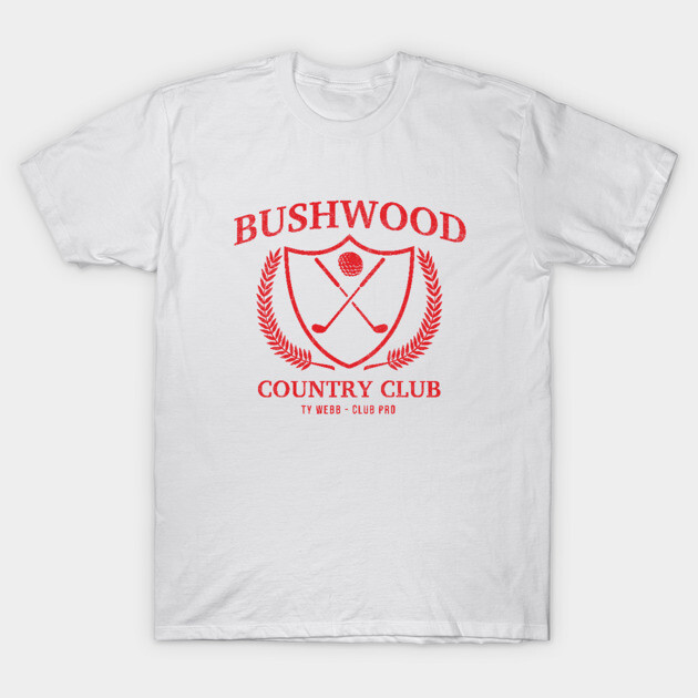 White T-shirt with red "Bushwood Country Club" logo, golf-themed design, casual wear, 100% cotton material.