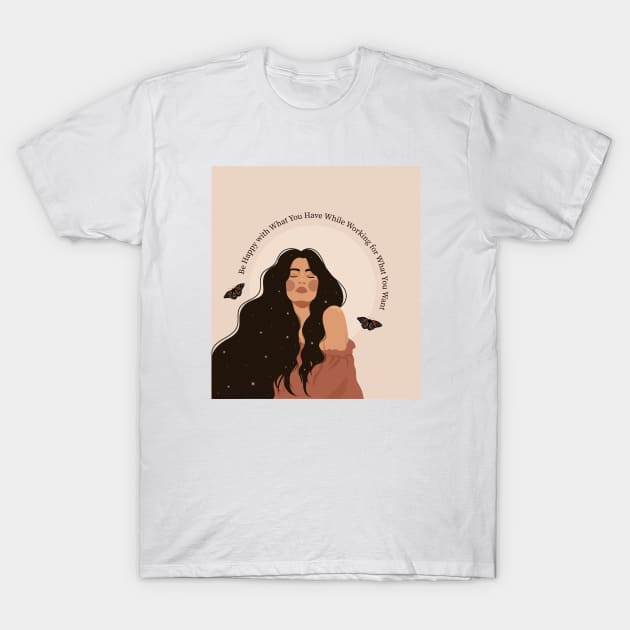 White cotton t-shirt with artistic graphic of a woman, butterflies, and motivational text. Casual wear, unisex style.