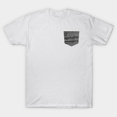 White cotton t-shirt with black striped pocket design, casual style, ideal for everyday wear.