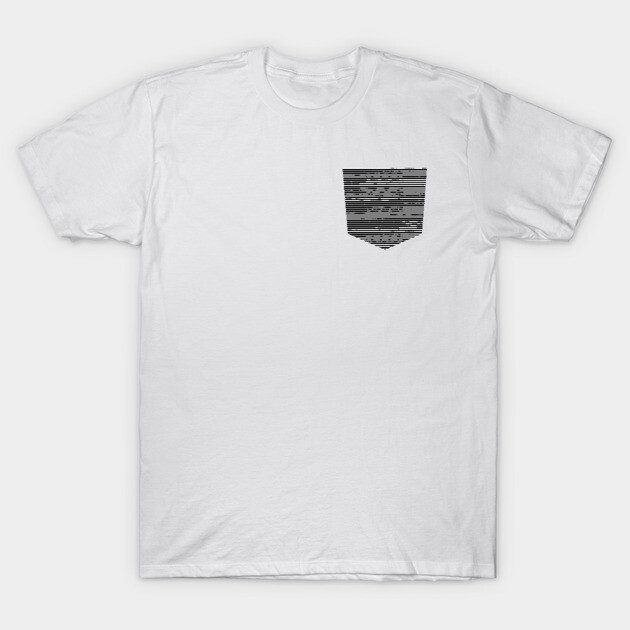White cotton t-shirt with black striped pocket design, casual style, ideal for everyday wear.