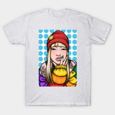 White graphic t-shirt featuring a colorful pop art illustration with a red beanie and polka dot background.