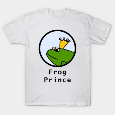 White t-shirt with cartoon frog wearing a crown, text "Frog Prince", casual wear, 100% cotton, unisex design.