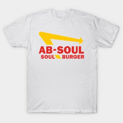 White graphic t-shirt with yellow arrow and red text design, casual wear, cotton material.