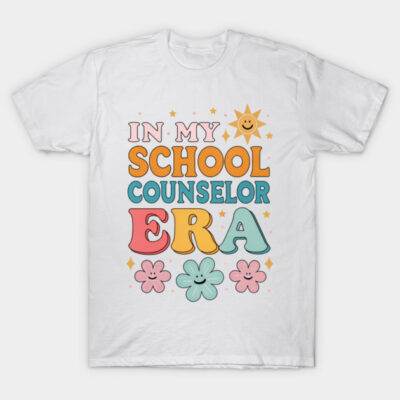 White t-shirt with colorful "In My School Counselor Era" text and playful design, ideal for casual wear.