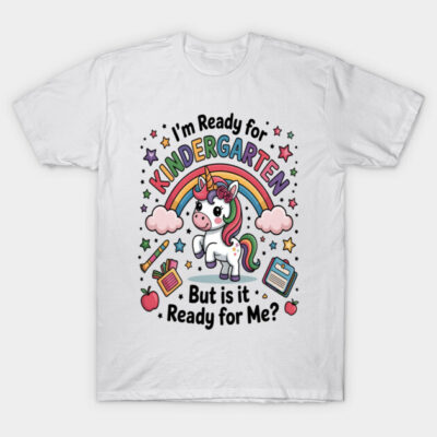 White kids' T-shirt with colorful unicorn, rainbow, and text design for kindergarten. Fun back-to-school apparel.