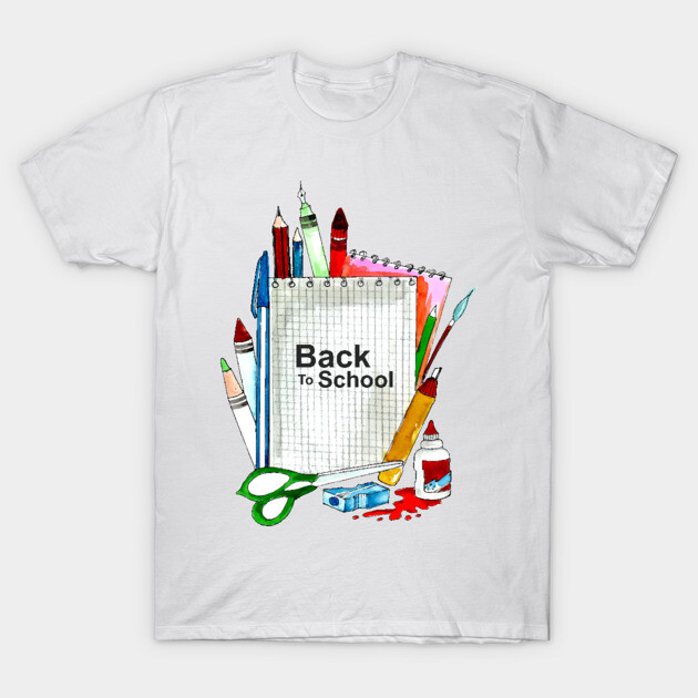 White "Back to School" t-shirt with colorful stationery design, featuring pencils, crayons, and notebook. Casual cotton tee.
