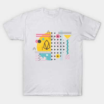 White t-shirt with colorful abstract geometric print, featuring yellow, pink, and blue shapes, ideal for casual wear.