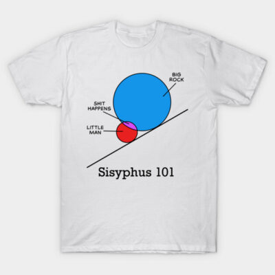 White "Sisyphus 101" T-shirt with colorful diagram, casual style, cotton material, perfect for everyday wear.