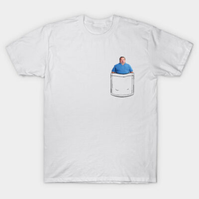 White cotton t-shirt with humorous pocket graphic, casual style, lightweight and breathable fabric for everyday wear.