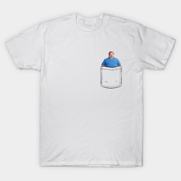 White cotton t-shirt with humorous pocket graphic, casual style, lightweight and breathable fabric for everyday wear.
