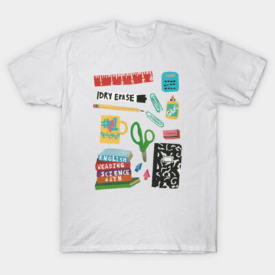 White t-shirt with colorful school supplies illustration, featuring books, scissors, and stationery items.