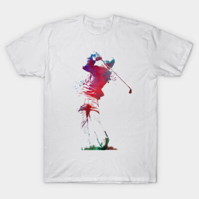 White cotton T-shirt with colorful abstract golfer print; casual wear for sports enthusiasts.