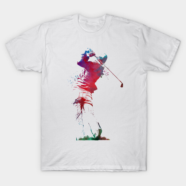 White cotton T-shirt with colorful abstract golfer print; casual wear for sports enthusiasts.