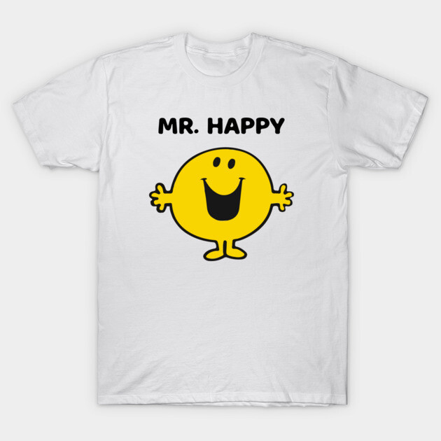 White cotton T-shirt with cheerful yellow cartoon character and "Mr. Happy" text, casual wear.