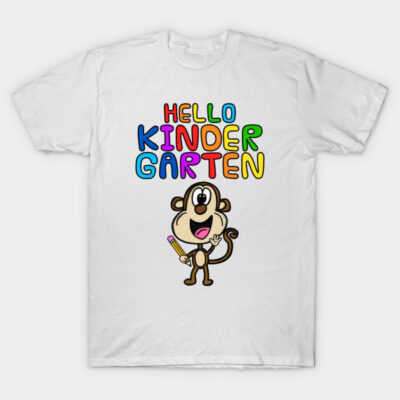 White t-shirt with colorful "Hello Kindergarten" text and cartoon monkey holding pencil, perfect for kids' schoolwear.