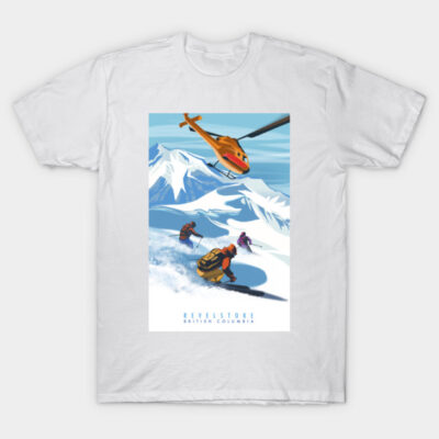 White t-shirt featuring a vibrant ski scene in the mountains, ideal for outdoor enthusiasts and casual wear.