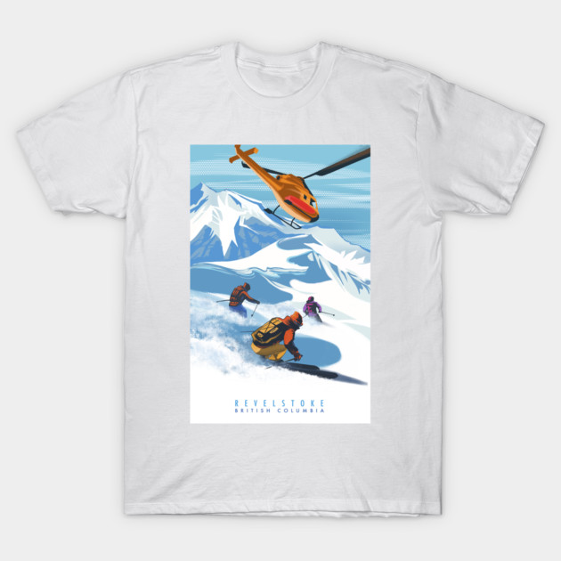 White t-shirt featuring a vibrant ski scene in the mountains, ideal for outdoor enthusiasts and casual wear.