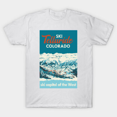 White t-shirt with Telluride Colorado ski print, featuring mountain landscape design, casual wear, 100% cotton.