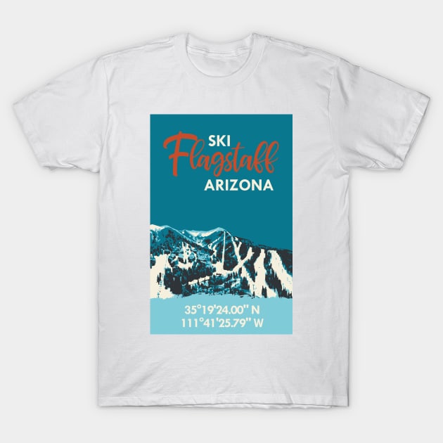 White t-shirt with "Ski Flagstaff Arizona" graphic, featuring blue mountain design and coordinates, casual wear.