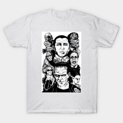 White t-shirt featuring black ink art of classic horror movie monsters, perfect for Halloween or casual wear.