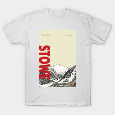 White cotton t-shirt featuring Stowe Vermont mountain design in red and black, perfect for casual wear or travel.