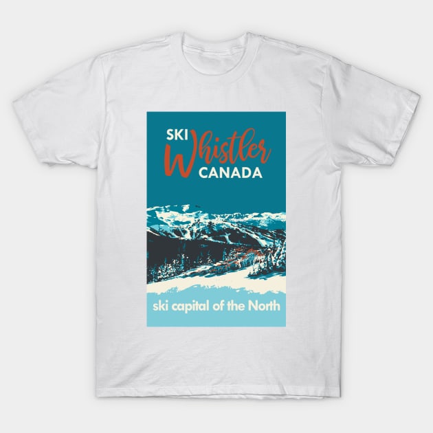 White t-shirt featuring "Ski Whistler Canada" graphic design, showcasing a mountain landscape, casual style.