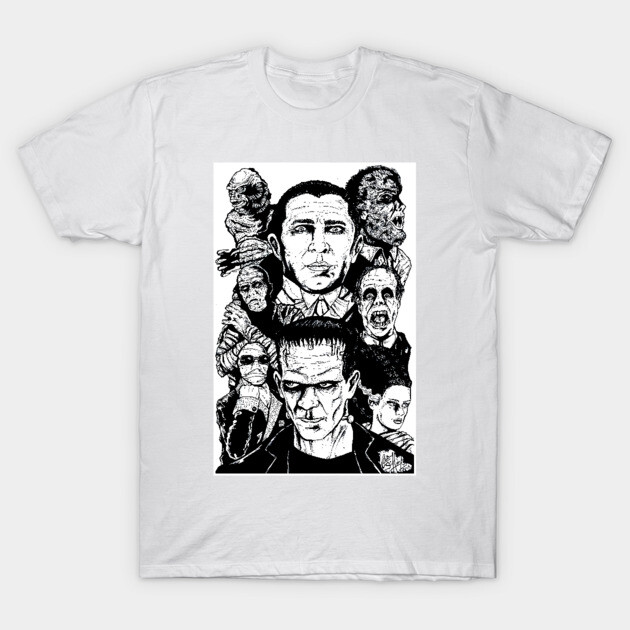 White t-shirt featuring black ink art of classic horror movie monsters, perfect for Halloween or casual wear.