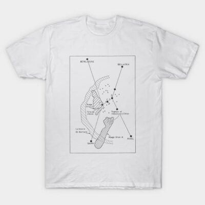 White cotton T-shirt with Orion constellation diagram, minimalistic design, perfect for astronomy enthusiasts.